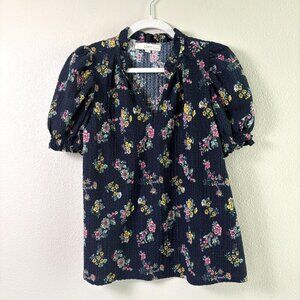 Loft Top Petite M MP Blue Floral Ruffle V Neck Collar Short Sleeve Blouse